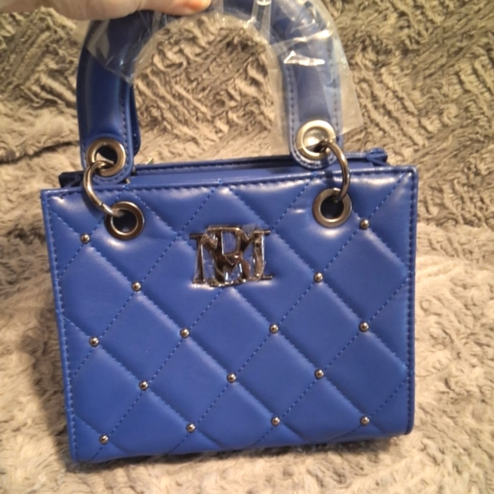 Badgley Mischka Blue Quilted Studded Purse Crossbody Handbag Vegan Leather